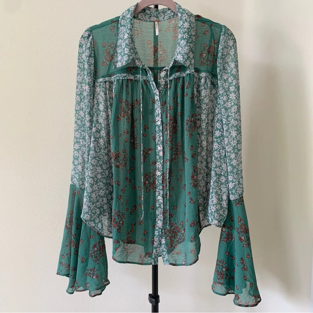 Free People Serena Printed Blouse Emerald Combo Size L